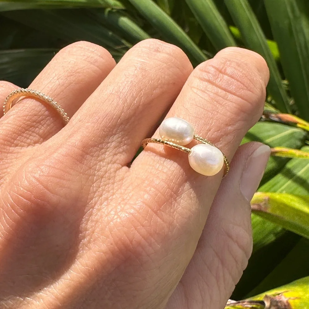 Double Pearl Bypass Ring 14k Gold Plated Twist Band Women's Jewelry Gift